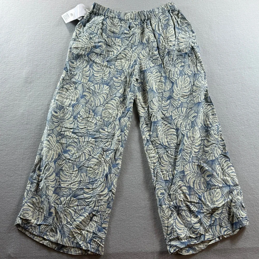 Makai Beach Aloha Bottoms Women Large Blue Tropical Leaf Print Wide Leg Pants